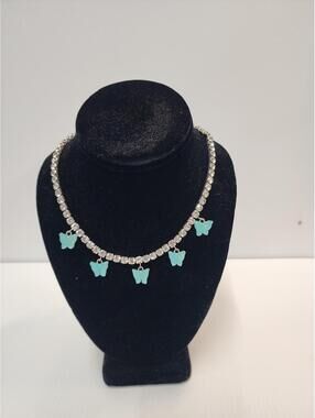 Rhinestone Necklace and Bracelet Set with Teal Butterfly Charms
